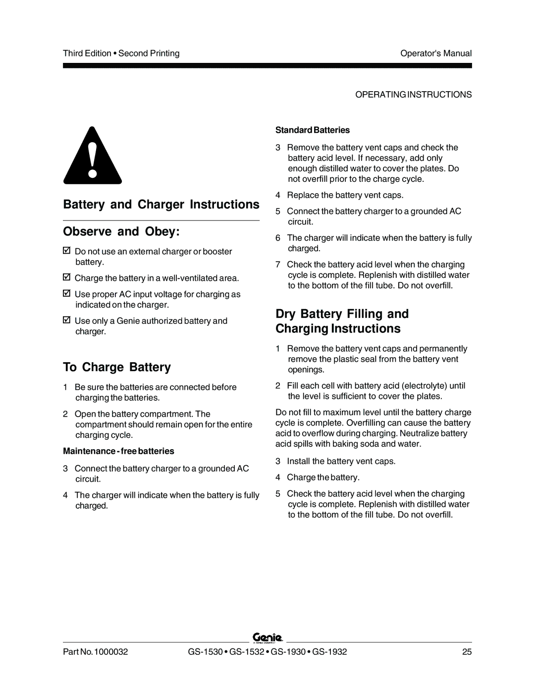 Genie GS-1530, GS-1930, CE Battery and Charger Instructions Observe and Obey, To Charge Battery, Maintenance free batteries 