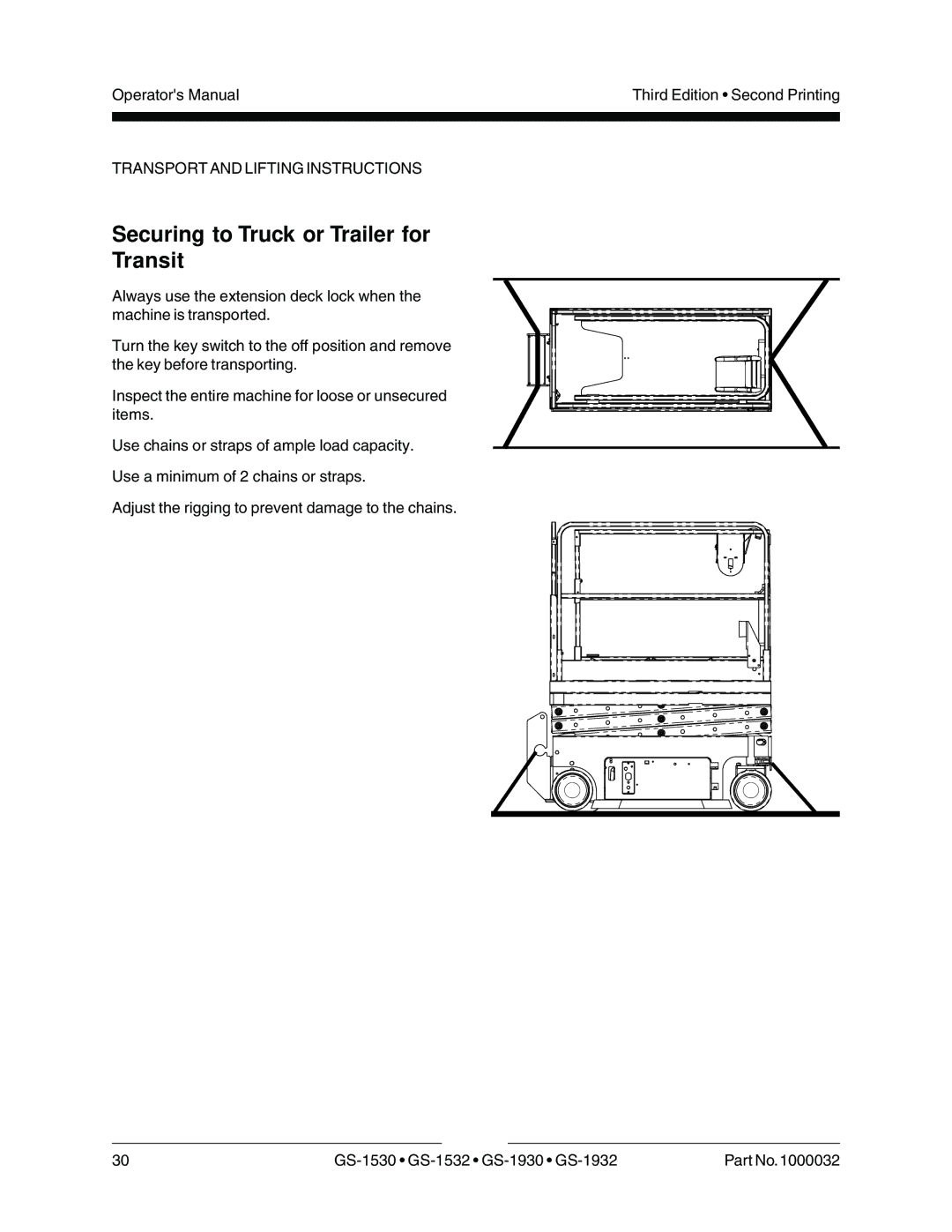 Genie GS-1530, GS-1930, CE, GS-1532, GS-1932 manual Securing to Truck or Trailer for Transit 