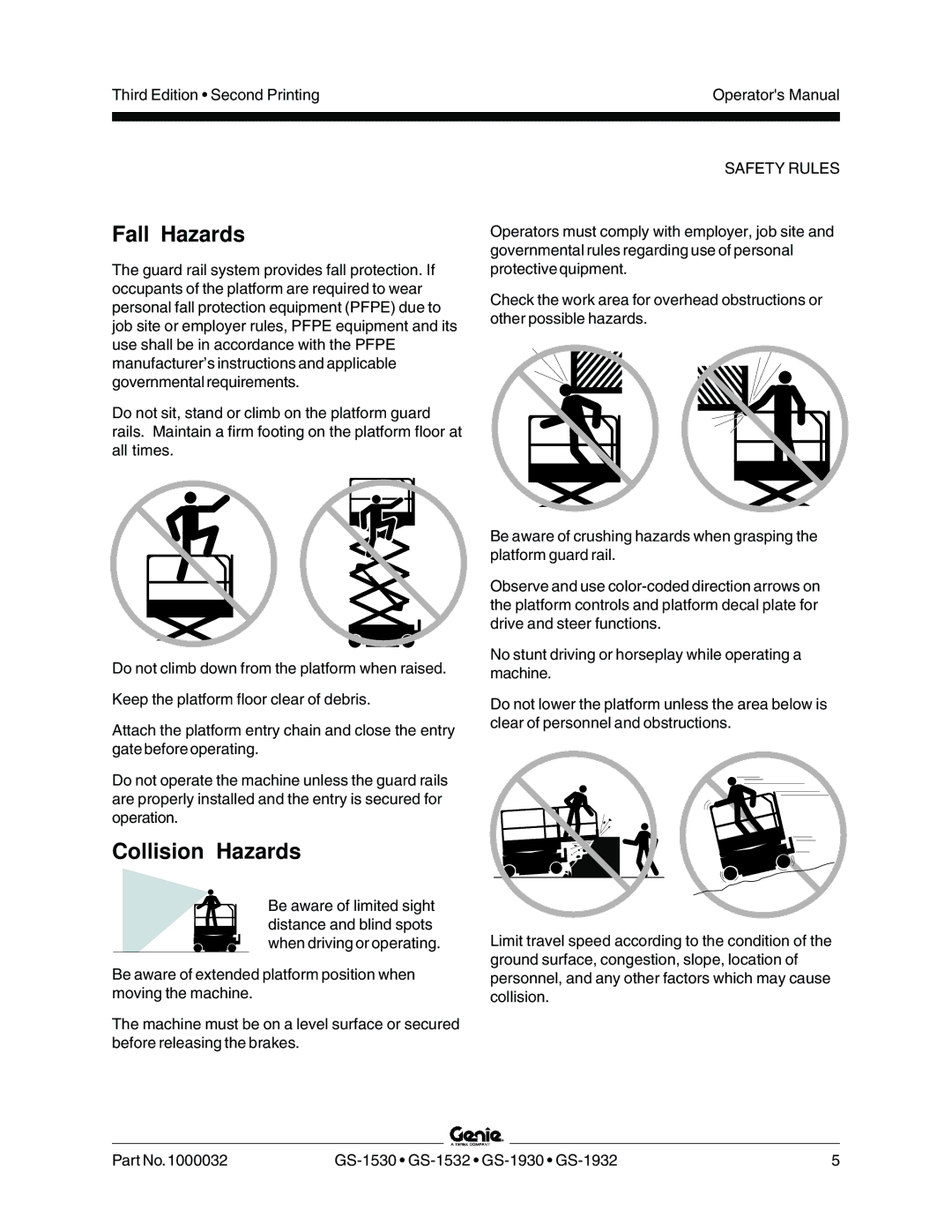 Genie GS-1530, GS-1930, CE, GS-1532, GS-1932 manual Fall Hazards, Collision Hazards 