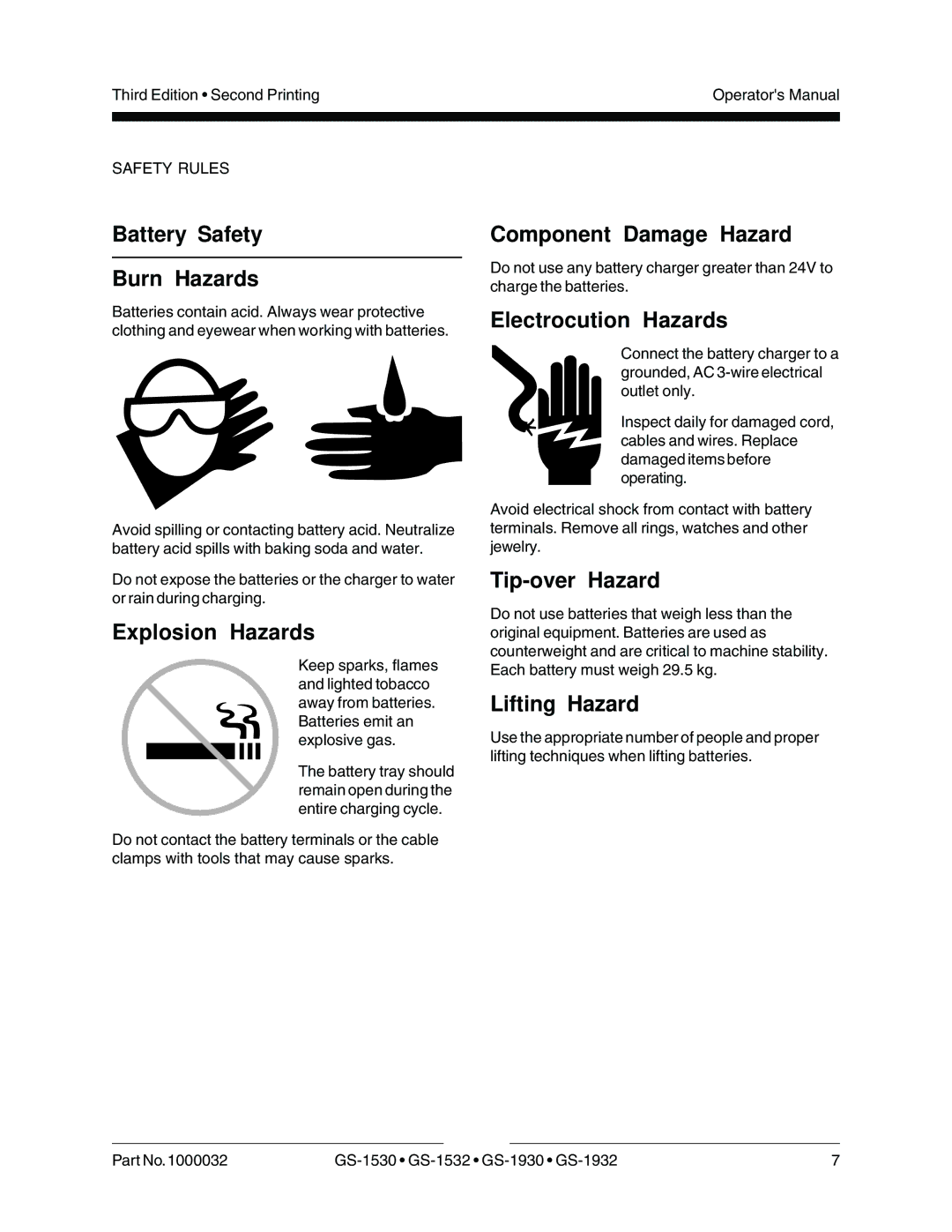 Genie GS-1932, GS-1930, CE, GS-1530, GS-1532 Battery Safety Burn Hazards, Explosion Hazards, Tip-over Hazard, Lifting Hazard 