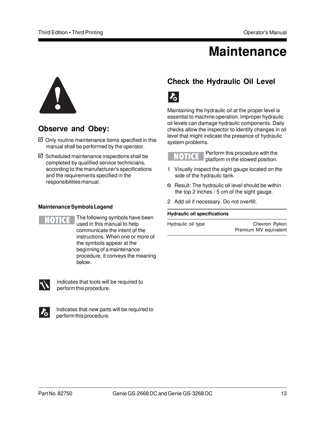 Genie GS-3268, GS-2668 DC manual Observe and Obey, Check the Hydraulic Oil Level, Maintenance Symbols Legend 