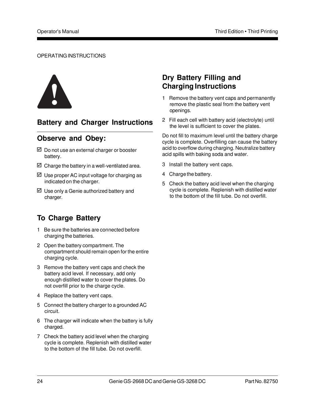 Genie GS-2668 DC, GS-3268 manual Battery and Charger Instructions Observe and Obey, To Charge Battery 