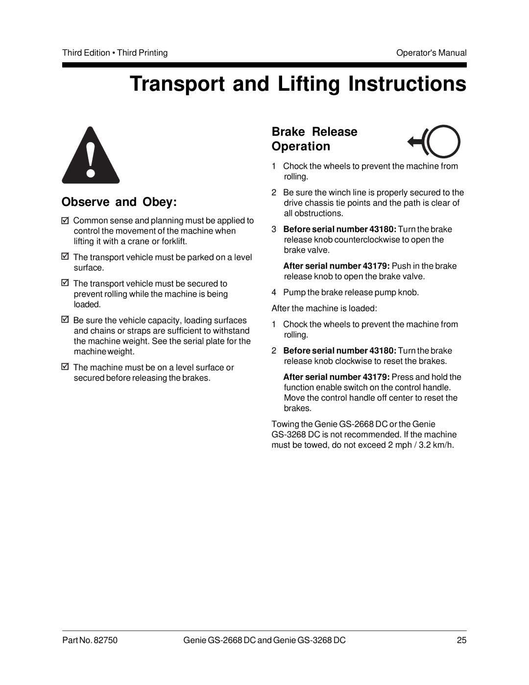 Genie GS-3268, GS-2668 DC manual Transport and Lifting Instructions, Brake Release Operation 