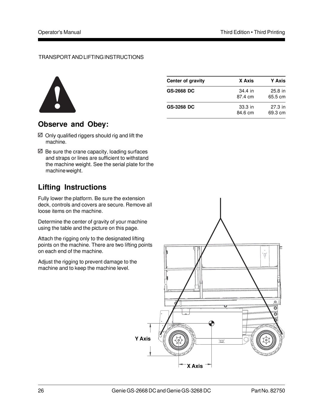 Genie GS-2668 DC, GS-3268 manual Lifting Instructions, Axis 