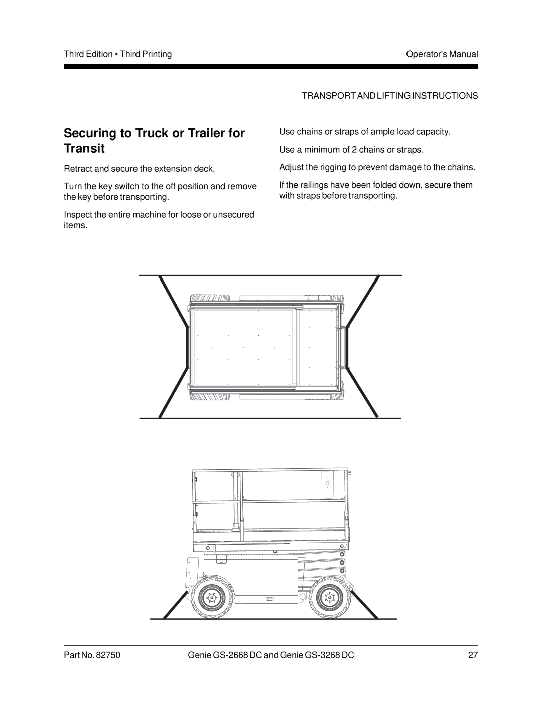 Genie GS-3268, GS-2668 DC manual Securing to Truck or Trailer for Transit 