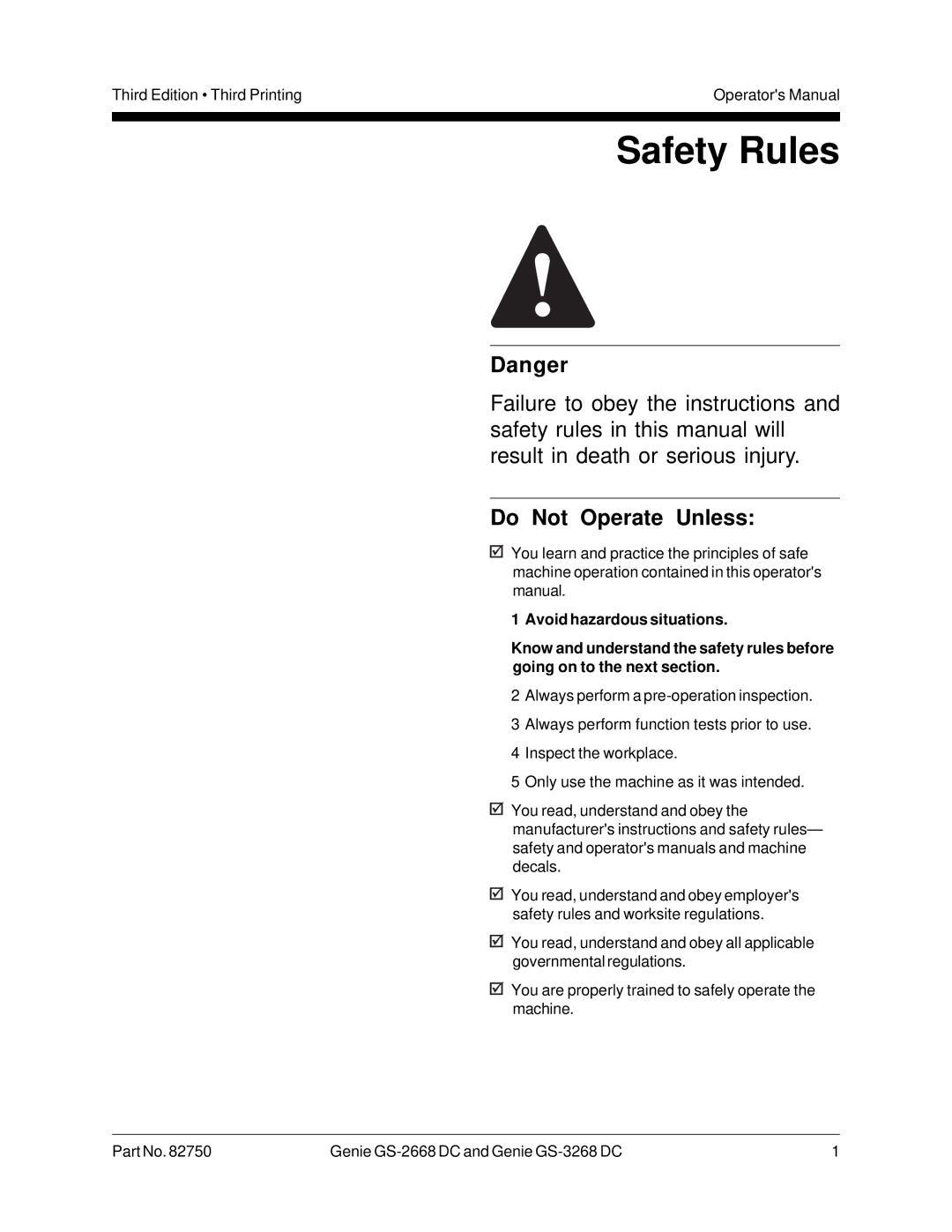 Genie GS-3268, GS-2668 DC manual Safety Rules, Do Not Operate Unless 