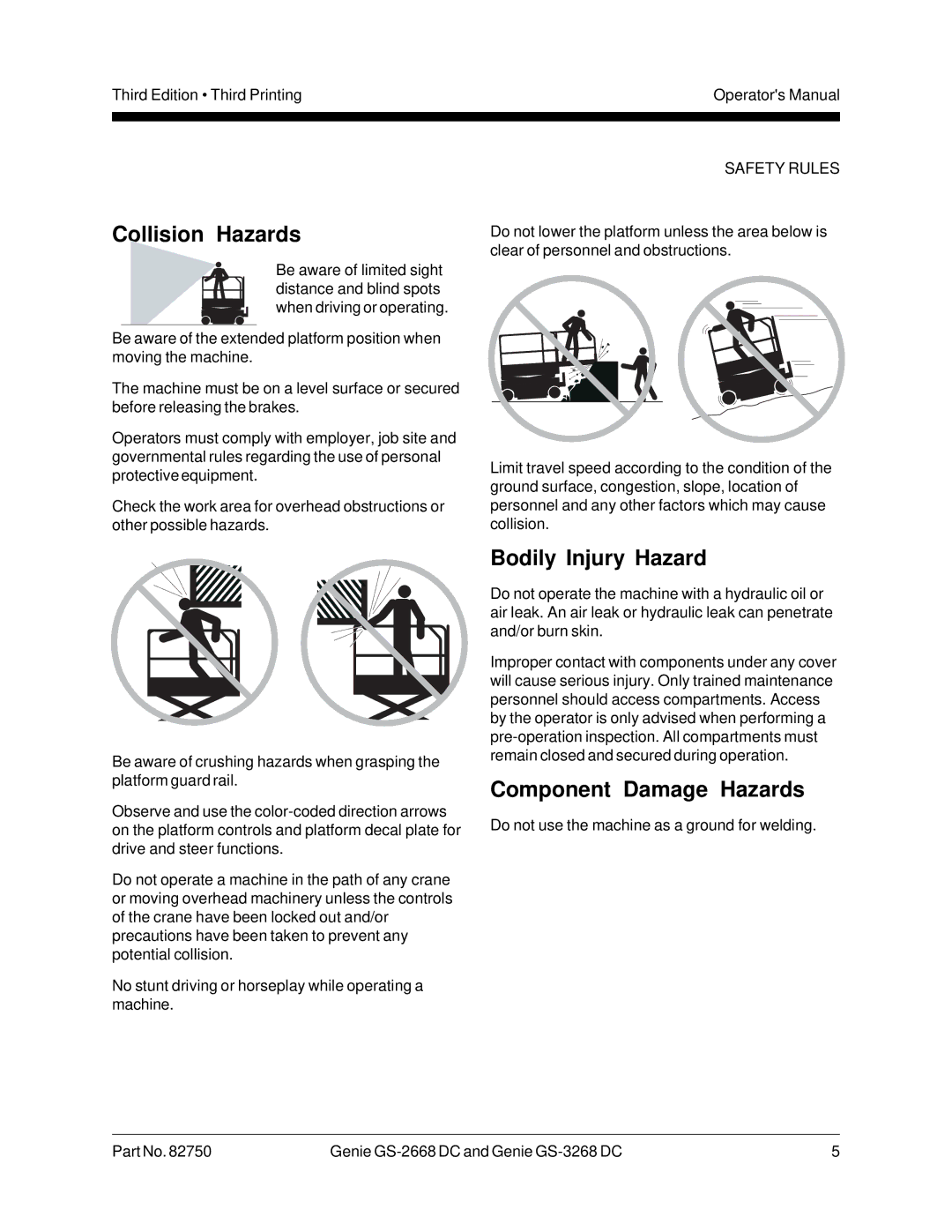 Genie GS-3268, GS-2668 DC manual Collision Hazards, Bodily Injury Hazard, Component Damage Hazards 