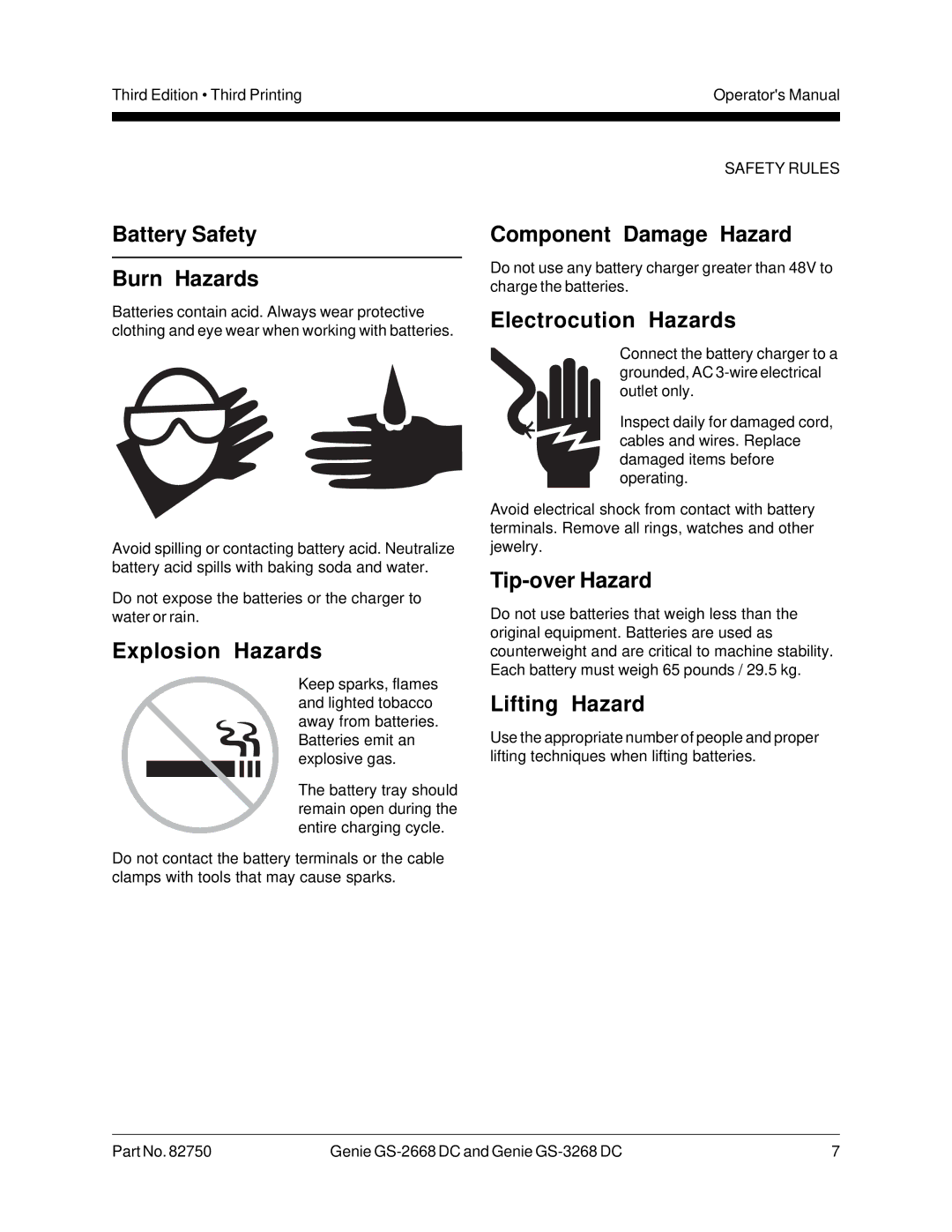 Genie GS-3268 Battery Safety Burn Hazards, Explosion Hazards, Component Damage Hazard, Tip-over Hazard, Lifting Hazard 