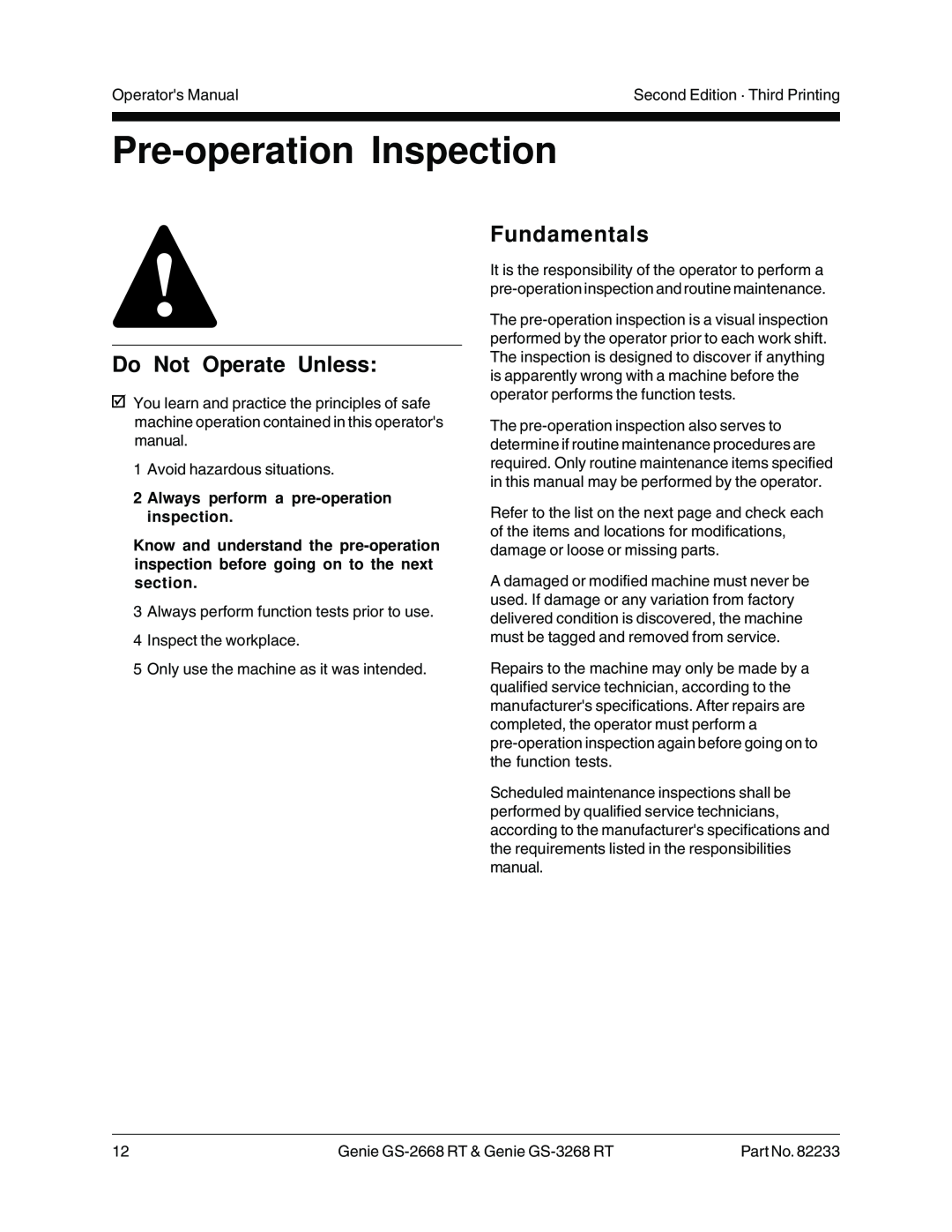 Genie GS-2668 RT Pre-operation Inspection, Fundamentals, Always perform a pre-operation inspection, Do Not Operate Unless 