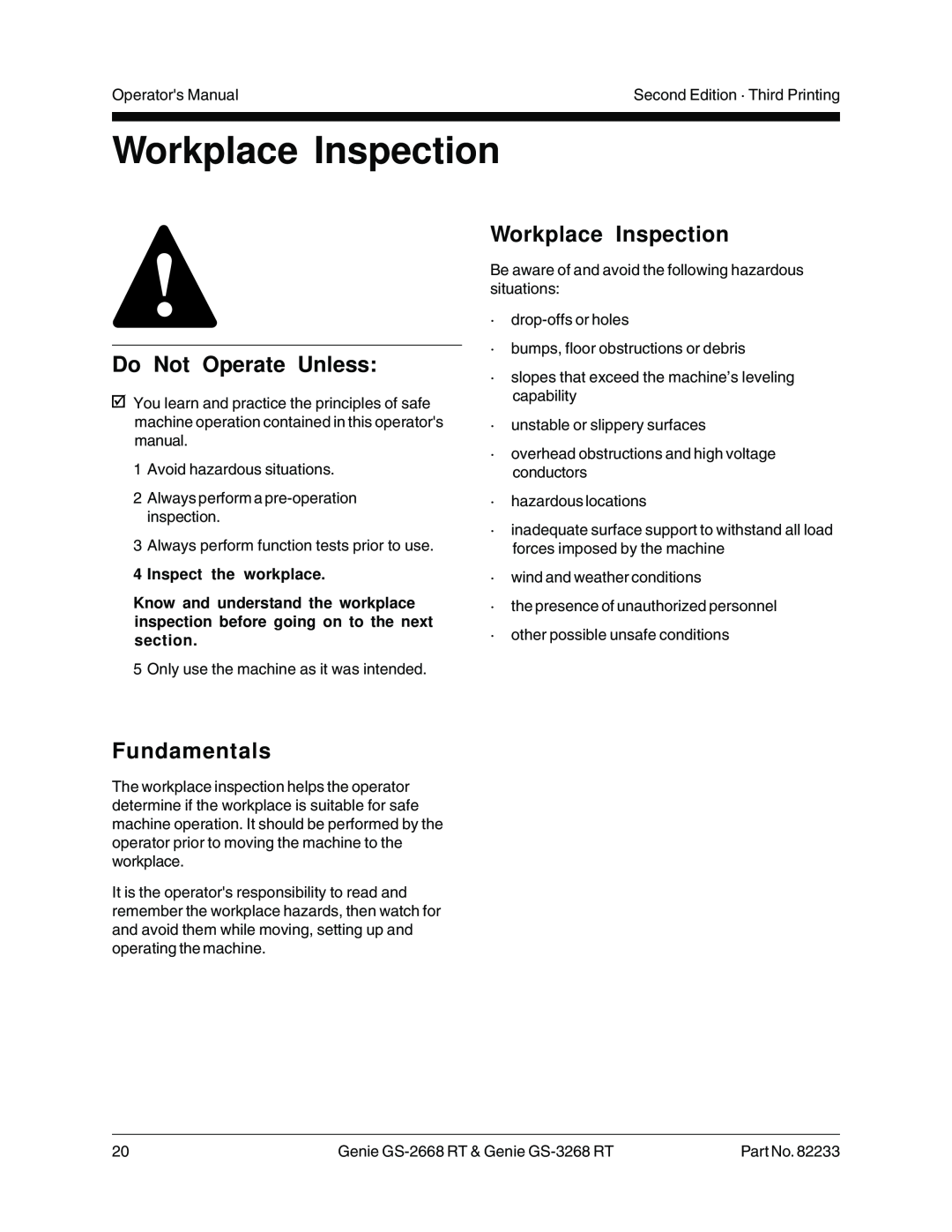 Genie GS-2668 RT, GS-3268 RT manual Workplace Inspection, Inspect the workplace, Do Not Operate Unless, Fundamentals 