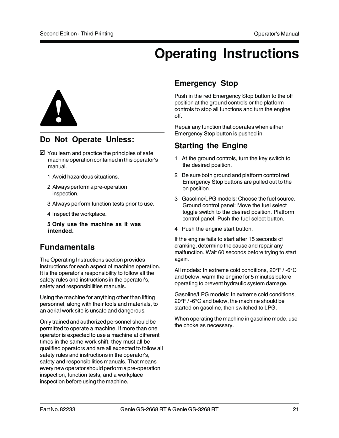 Genie GS-3268 RT Operating Instructions, Emergency Stop, Starting the Engine, Only use the machine as it was intended 