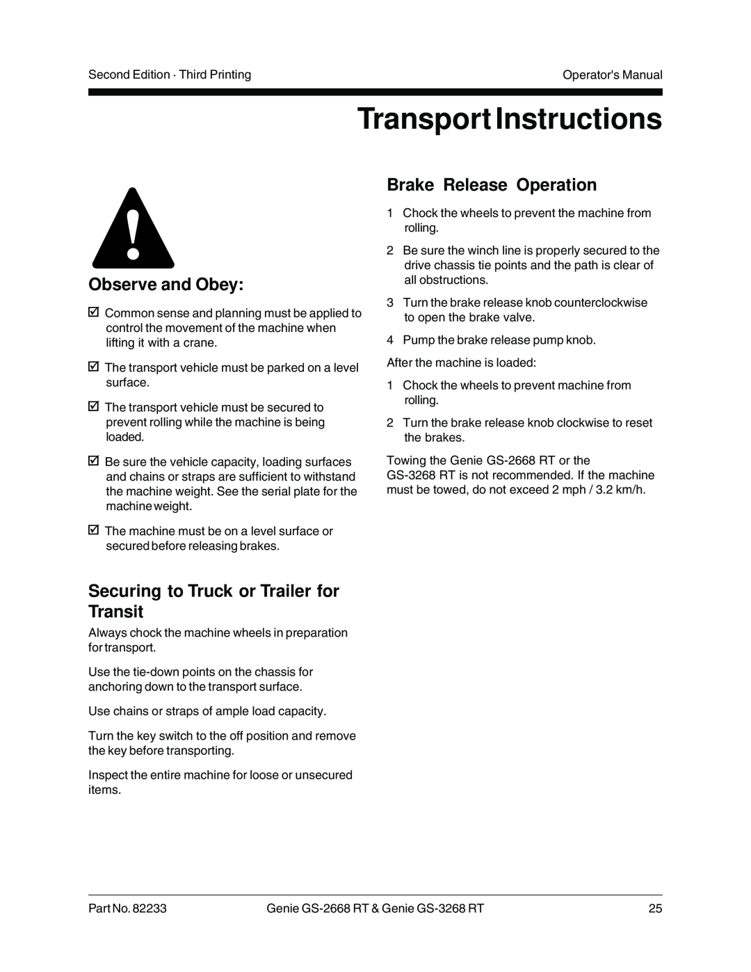 Genie GS-3268 RT, GS-2668 RT Transport Instructions, Securing to Truck or Trailer for Transit, Brake Release Operation 