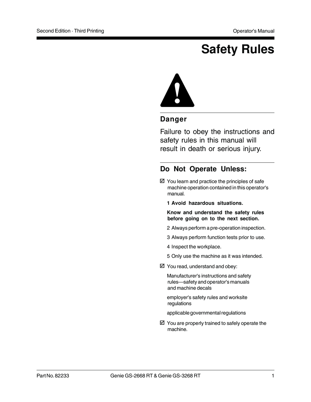 Genie GS-3268 RT, GS-2668 RT manual Safety Rules, Danger, Do Not Operate Unless, Avoid hazardous situations 