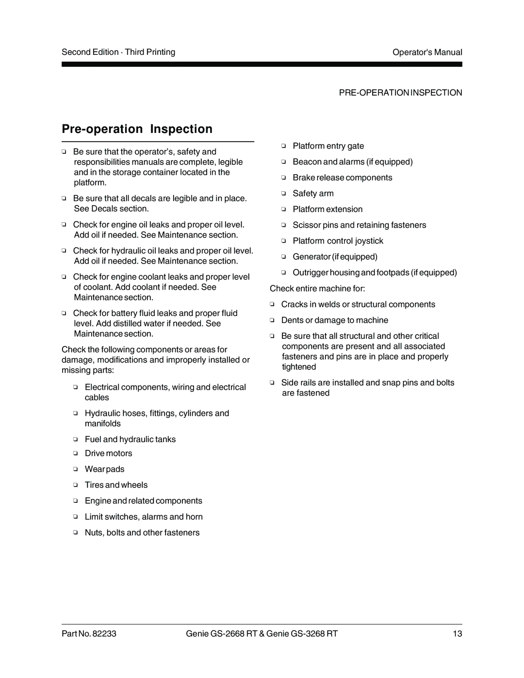 Genie GS-3268 RT, GS-2668 RT manual Pre-operation Inspection, PRE-OPERATION Inspection 