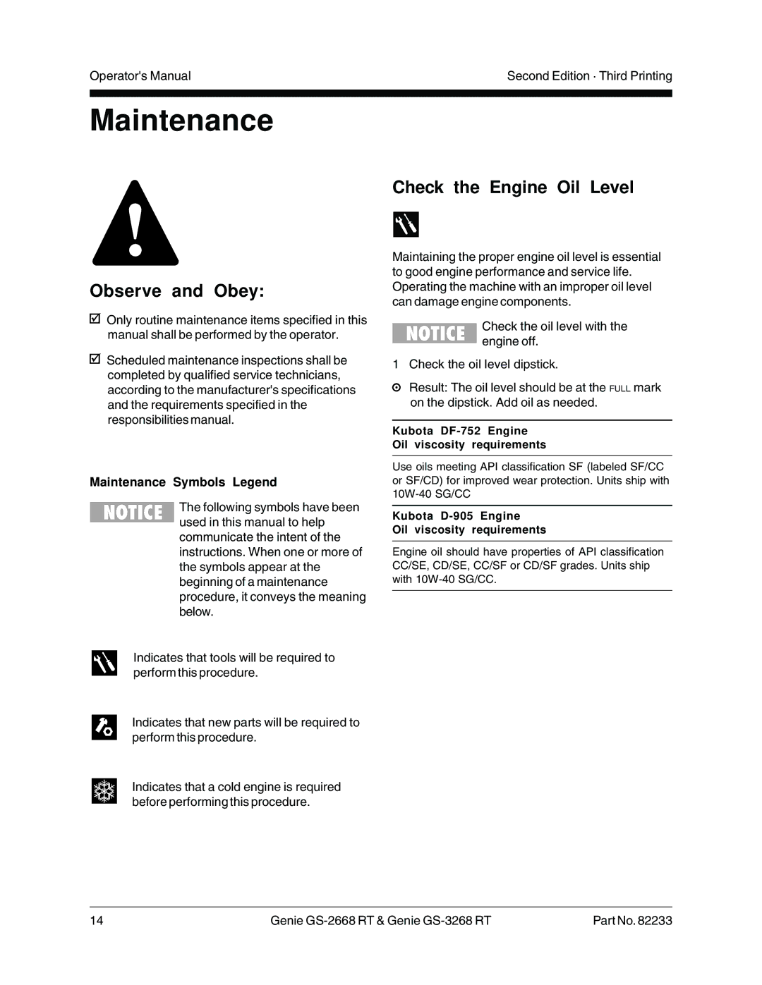 Genie GS-2668 RT, GS-3268 RT manual Observe and Obey, Check the Engine Oil Level, Maintenance Symbols Legend 