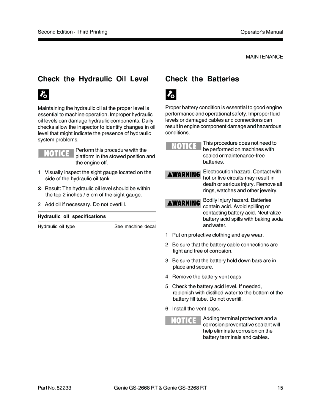 Genie GS-3268 RT, GS-2668 RT manual Check the Hydraulic Oil Level Check the Batteries, Hydraulic oil specifications 