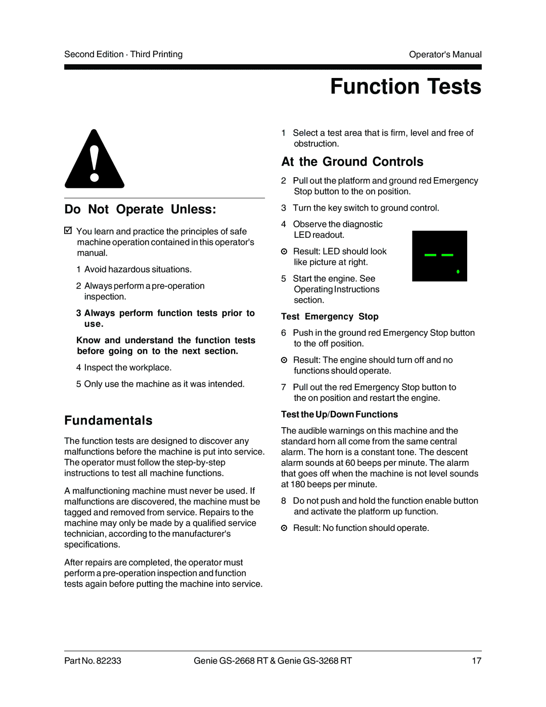 Genie GS-3268 RT, GS-2668 RT manual Function Tests, At the Ground Controls, Test Emergency Stop, Test the Up/Down Functions 