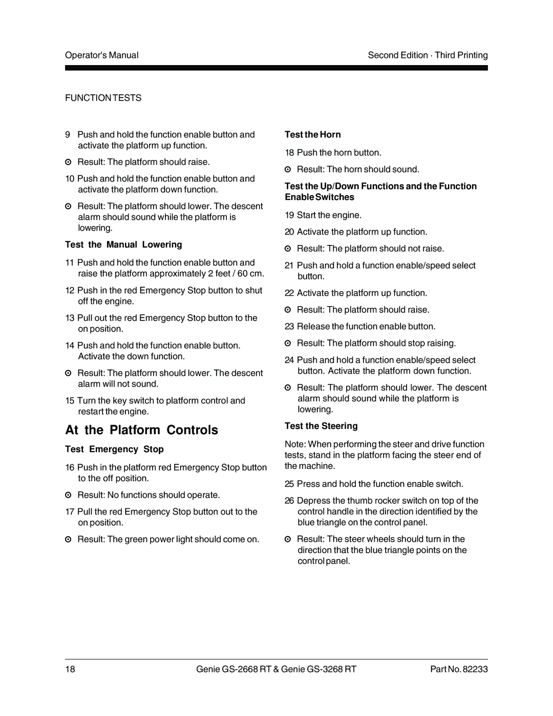 Genie GS-2668 RT, GS-3268 RT manual At the Platform Controls, Test the Manual Lowering, Test the Horn, Test the Steering 