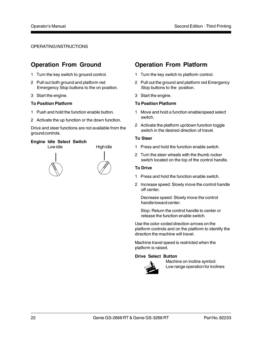 Genie GS-2668 RT, GS-3268 RT manual Operation From Ground, Operation From Platform 