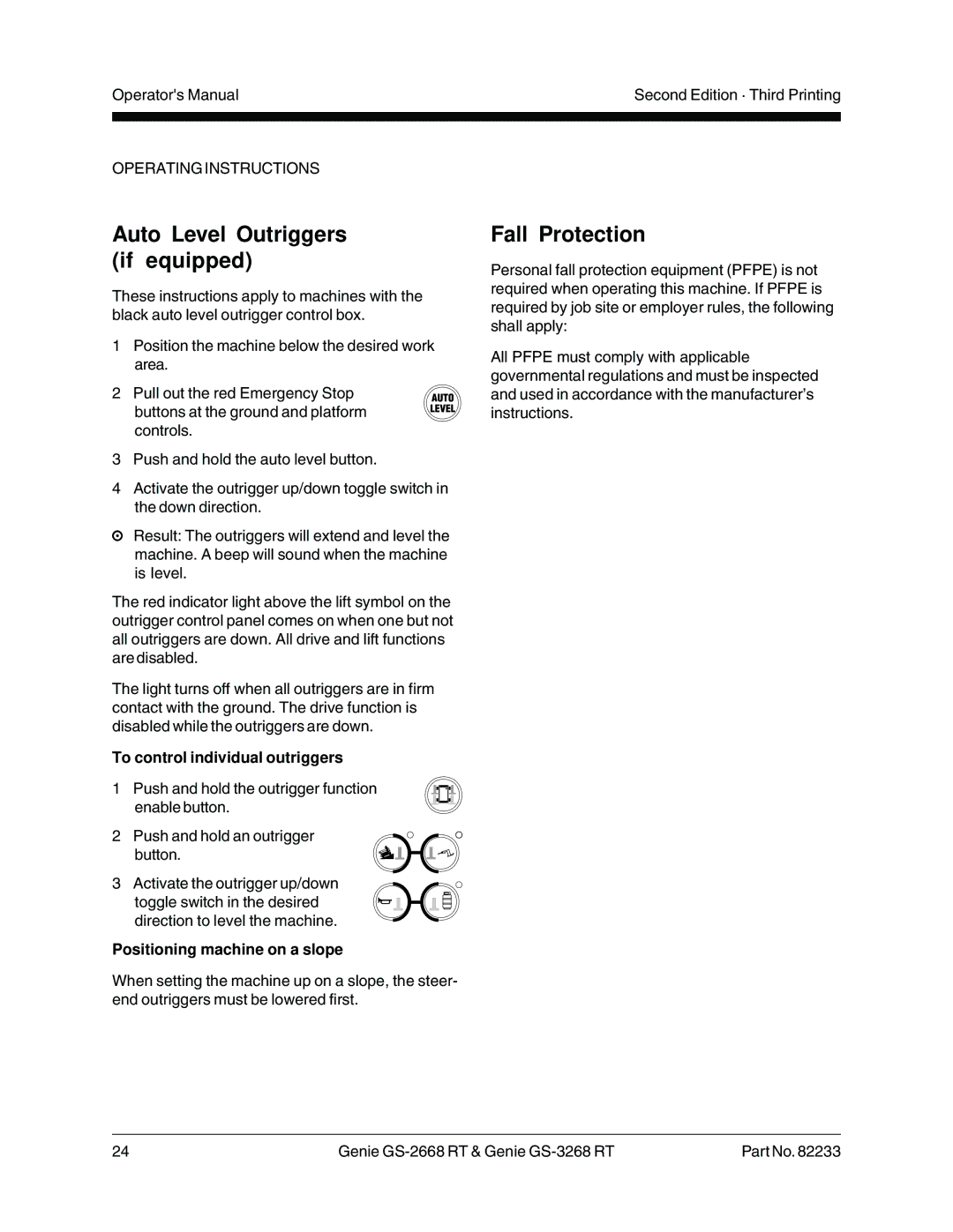Genie GS-2668 RT, GS-3268 RT manual Auto Level Outriggers if equipped, Fall Protection, To control individual outriggers 