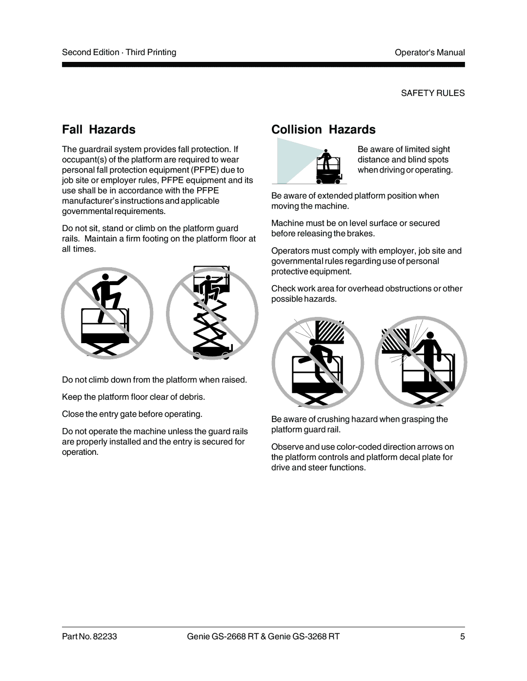 Genie GS-3268 RT, GS-2668 RT manual Fall Hazards Collision Hazards 