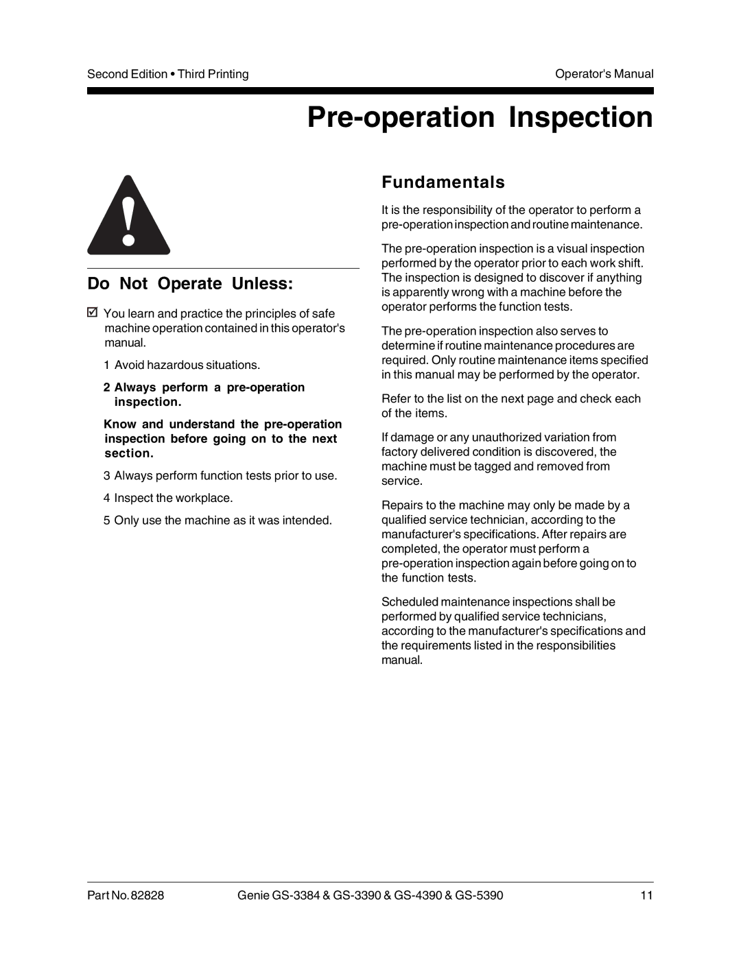 Genie GS-4390, GS-3390, GS-5390, GS-3384 manual Pre-operation Inspection, Fundamentals 