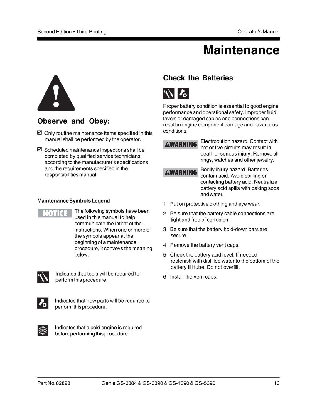 Genie GS-3384, GS-3390, GS-4390, GS-5390 manual Observe and Obey, Check the Batteries, Maintenance Symbols Legend 