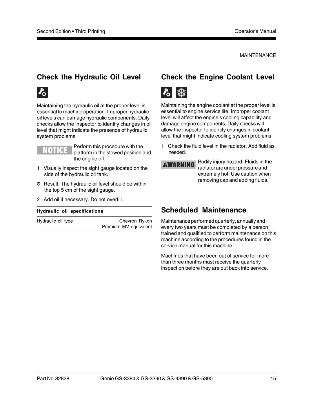 Genie GS-4390, GS-3390, GS-5390, GS-3384 Check the Hydraulic Oil Level Check the Engine Coolant Level, Scheduled Maintenance 