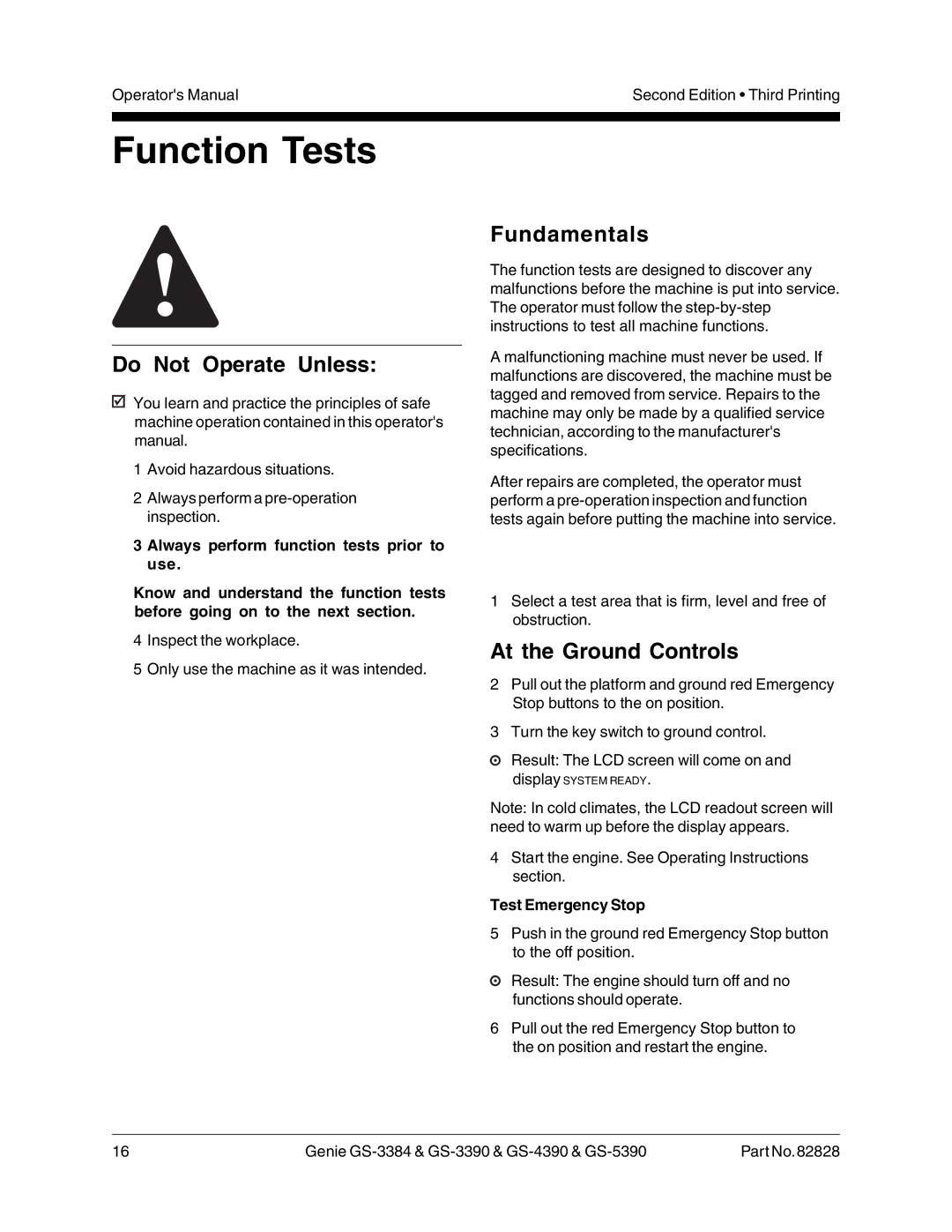 Genie GS-5390, GS-3390, GS-4390, GS-3384 manual Function Tests, At the Ground Controls, Test Emergency Stop 