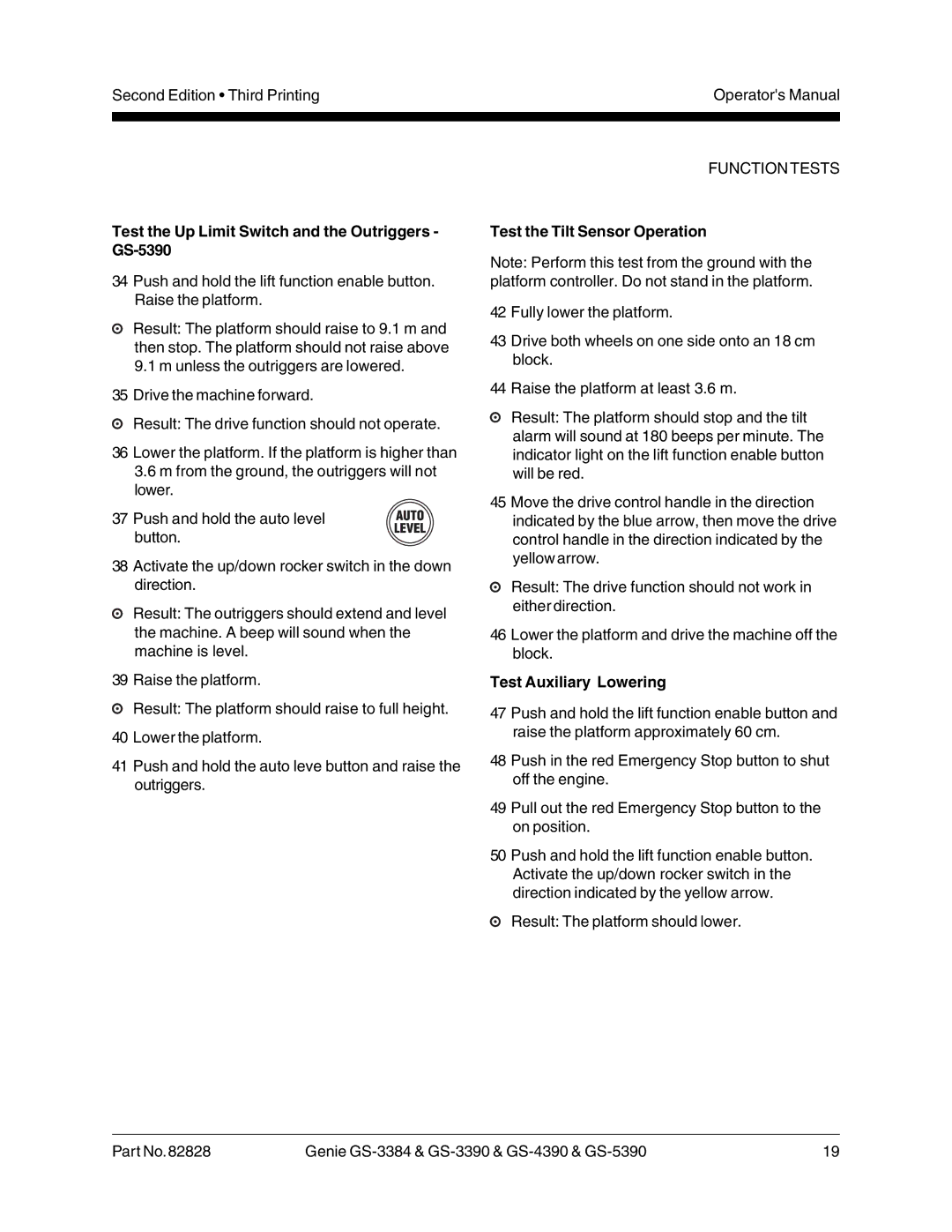 Genie GS-4390 Test the Up Limit Switch and the Outriggers GS-5390, Test the Tilt Sensor Operation, Test Auxiliary Lowering 