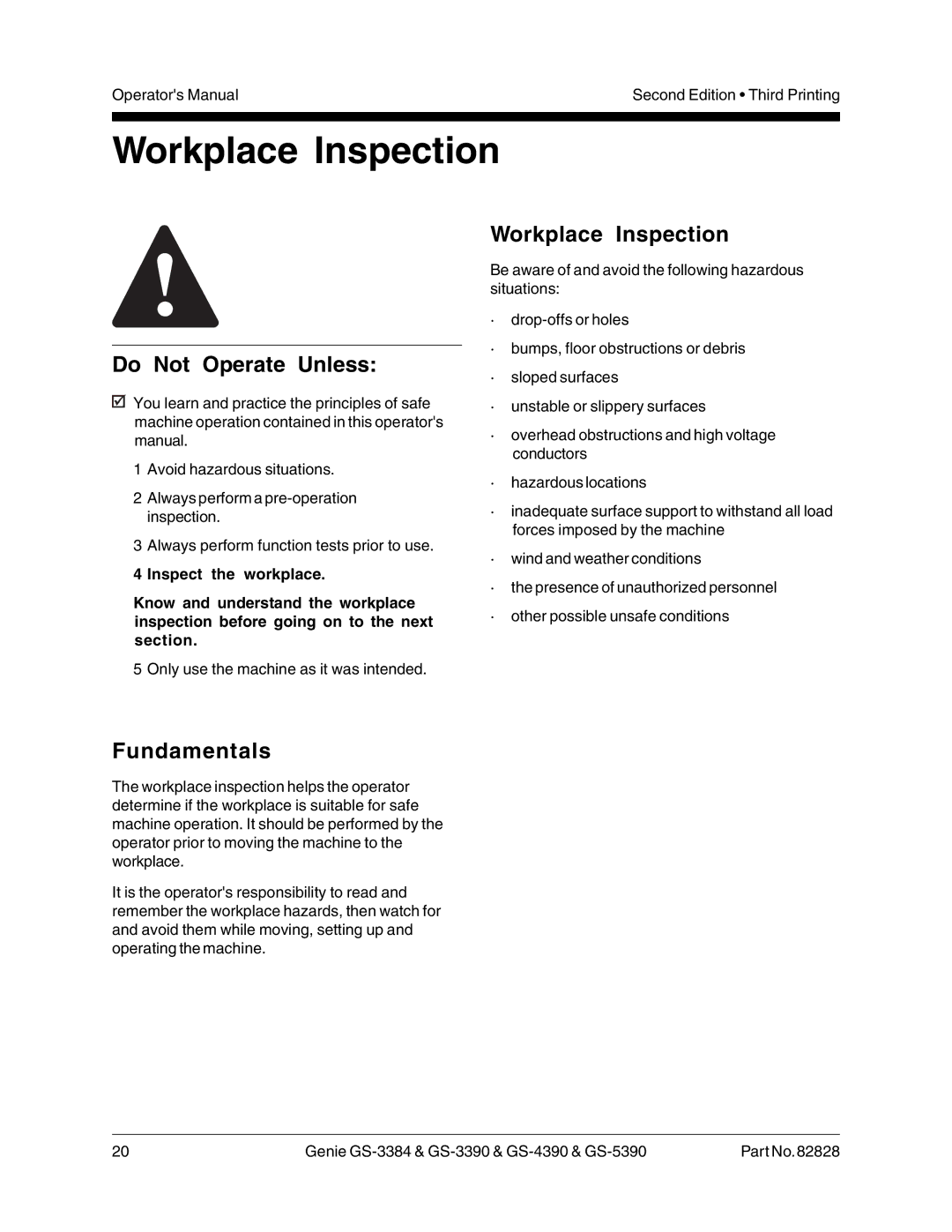 Genie GS-5390, GS-3390, GS-4390, GS-3384 manual Workplace Inspection 