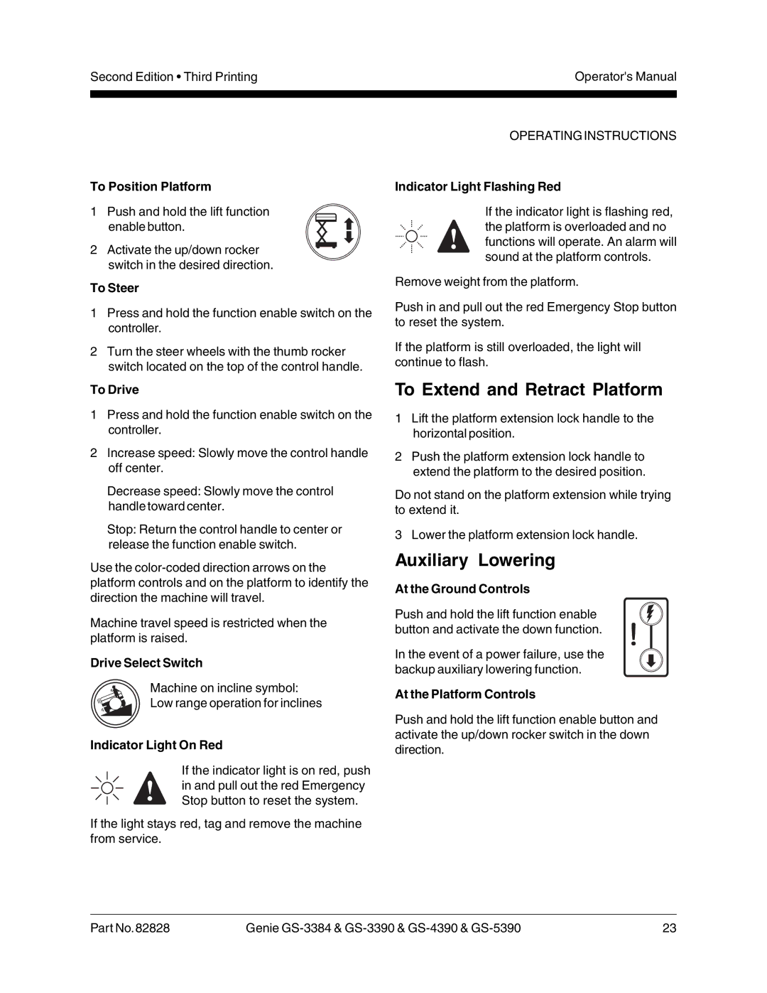 Genie GS-4390, GS-3390, GS-5390, GS-3384 manual To Extend and Retract Platform, Auxiliary Lowering 