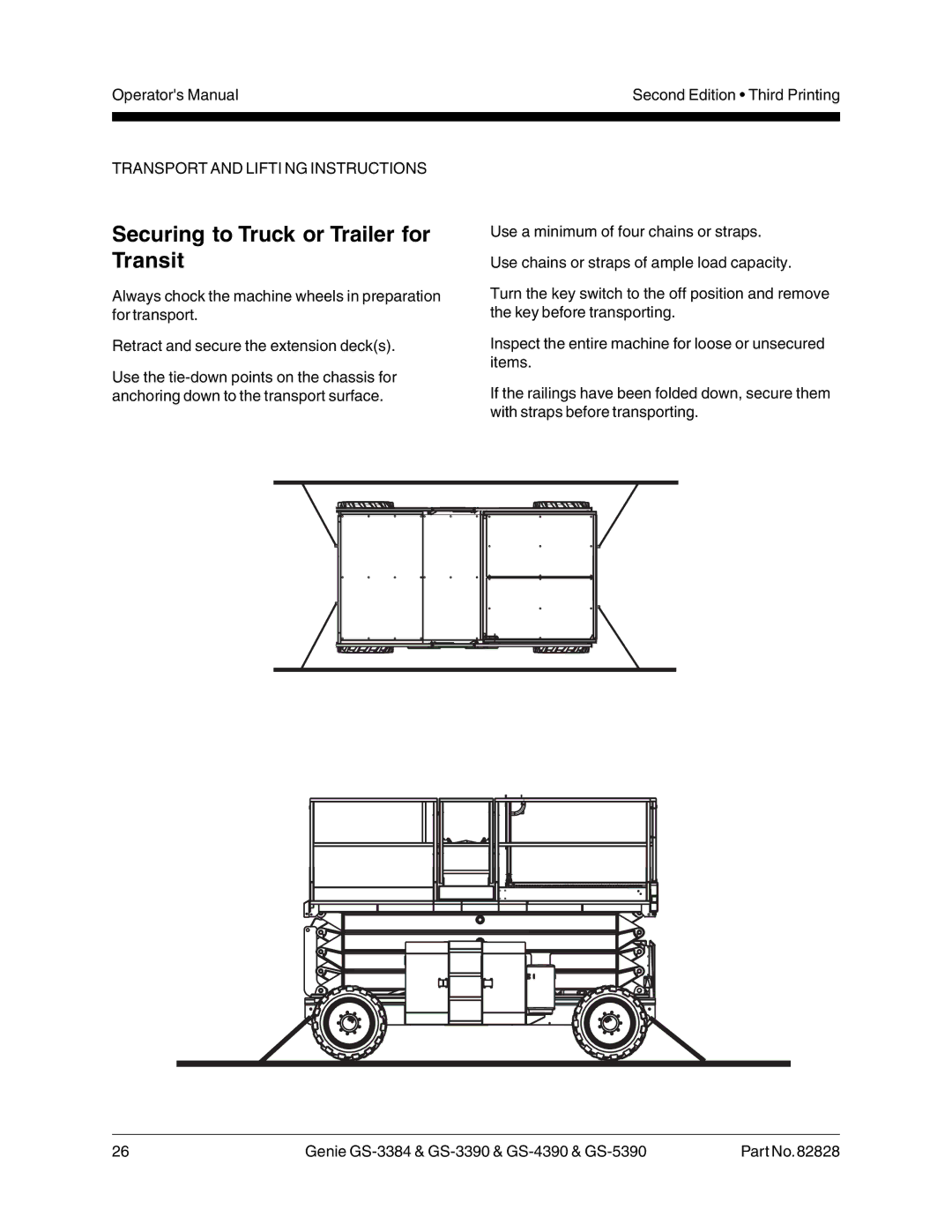 Genie GS-3390, GS-4390, GS-5390, GS-3384 manual Securing to Truck or Trailer for Transit 