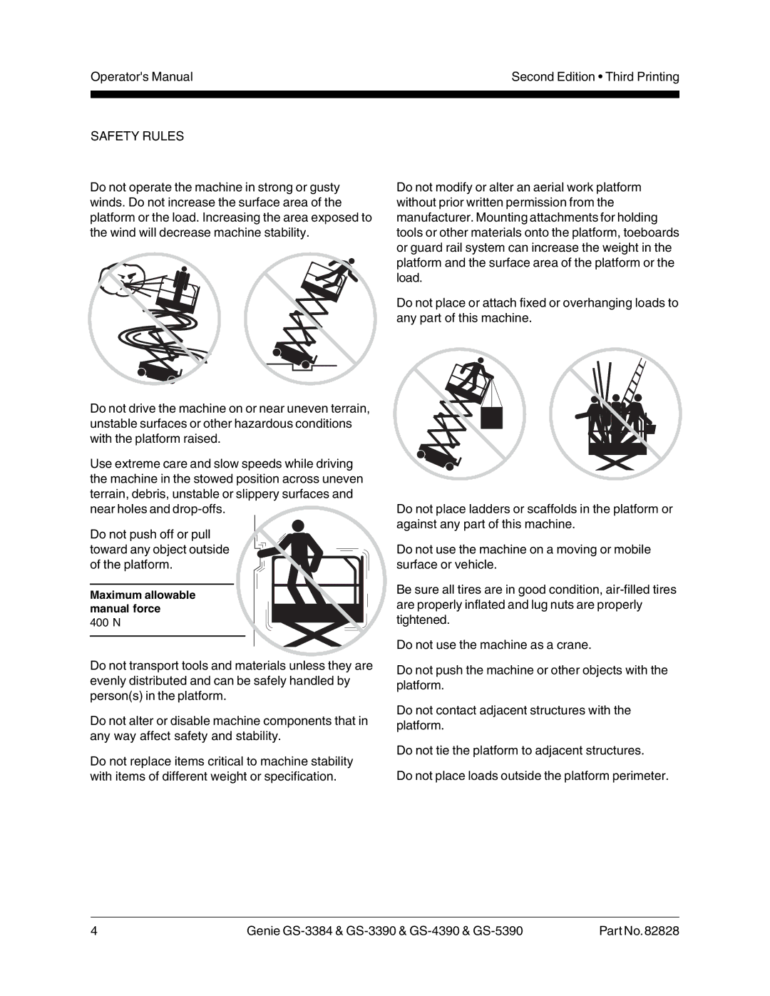 Genie GS-5390, GS-3390, GS-4390, GS-3384 Maximum allowable manual force 