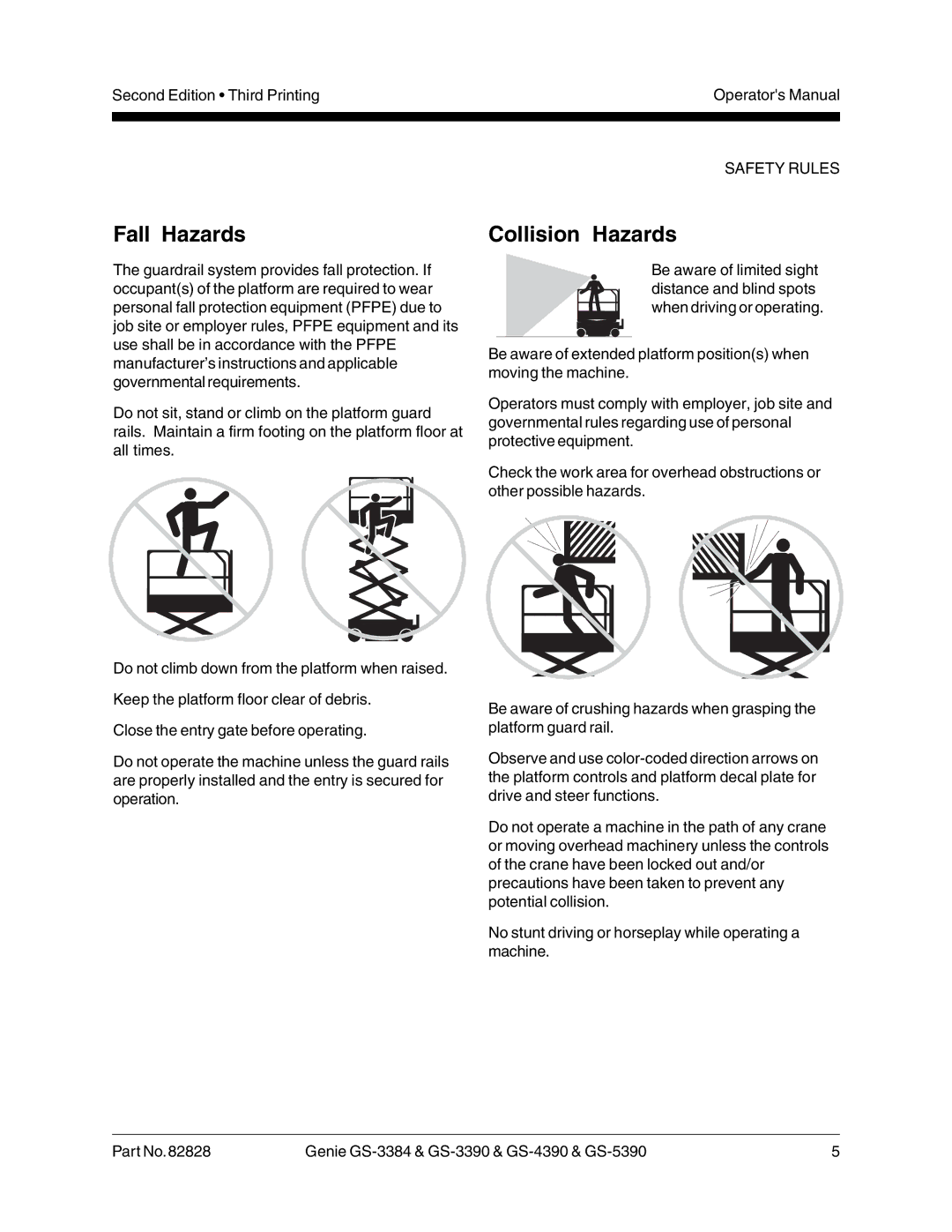 Genie GS-3384, GS-3390, GS-4390, GS-5390 manual Fall Hazards Collision Hazards 