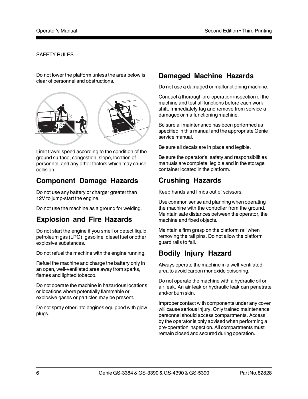 Genie GS-3390, GS-4390 Component Damage Hazards, Explosion and Fire Hazards, Damaged Machine Hazards, Crushing Hazards 