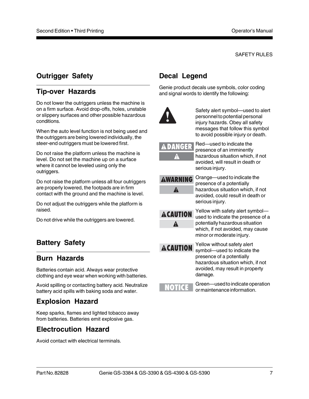 Genie GS-4390 manual Outrigger Safety Tip-over Hazards, Battery Safety Burn Hazards, Explosion Hazard, Electrocution Hazard 