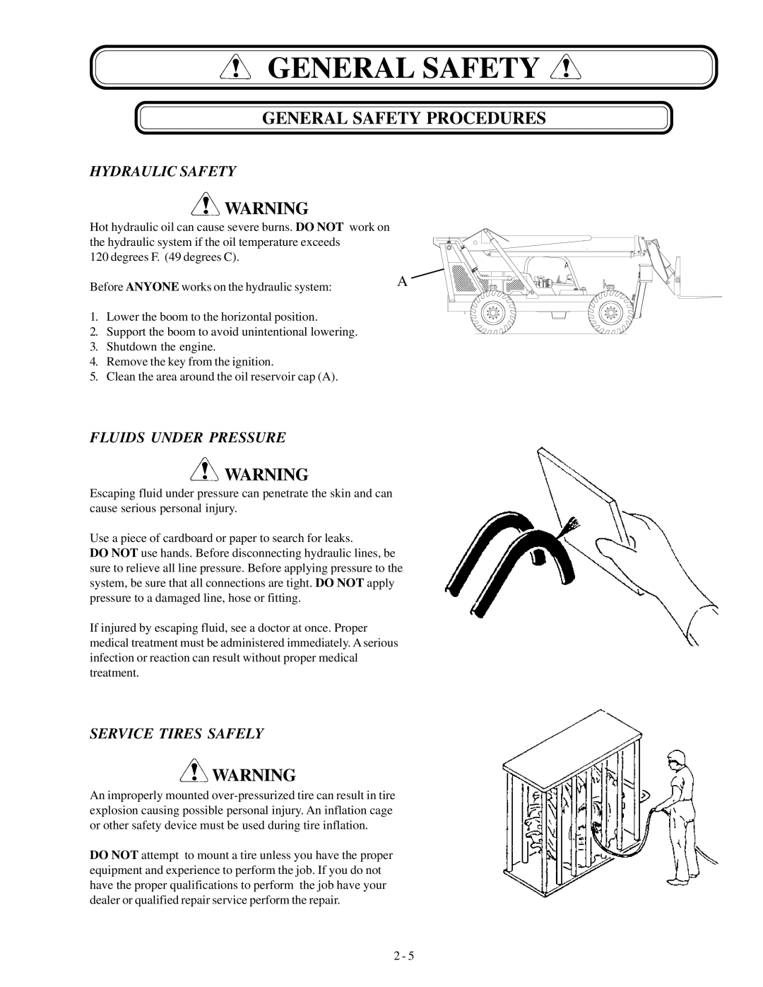 Genie GTH-1048, GTH-1056 manual Hydraulic Safety, Fluids Under Pressure, Service Tires Safely 