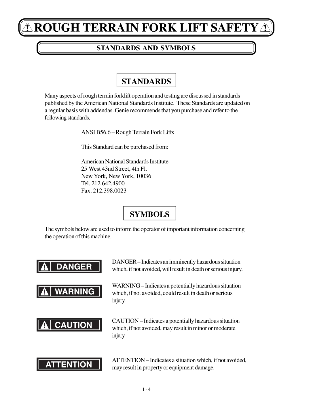 Genie GTH-1056, GTH-1048 manual Standards and Symbols 