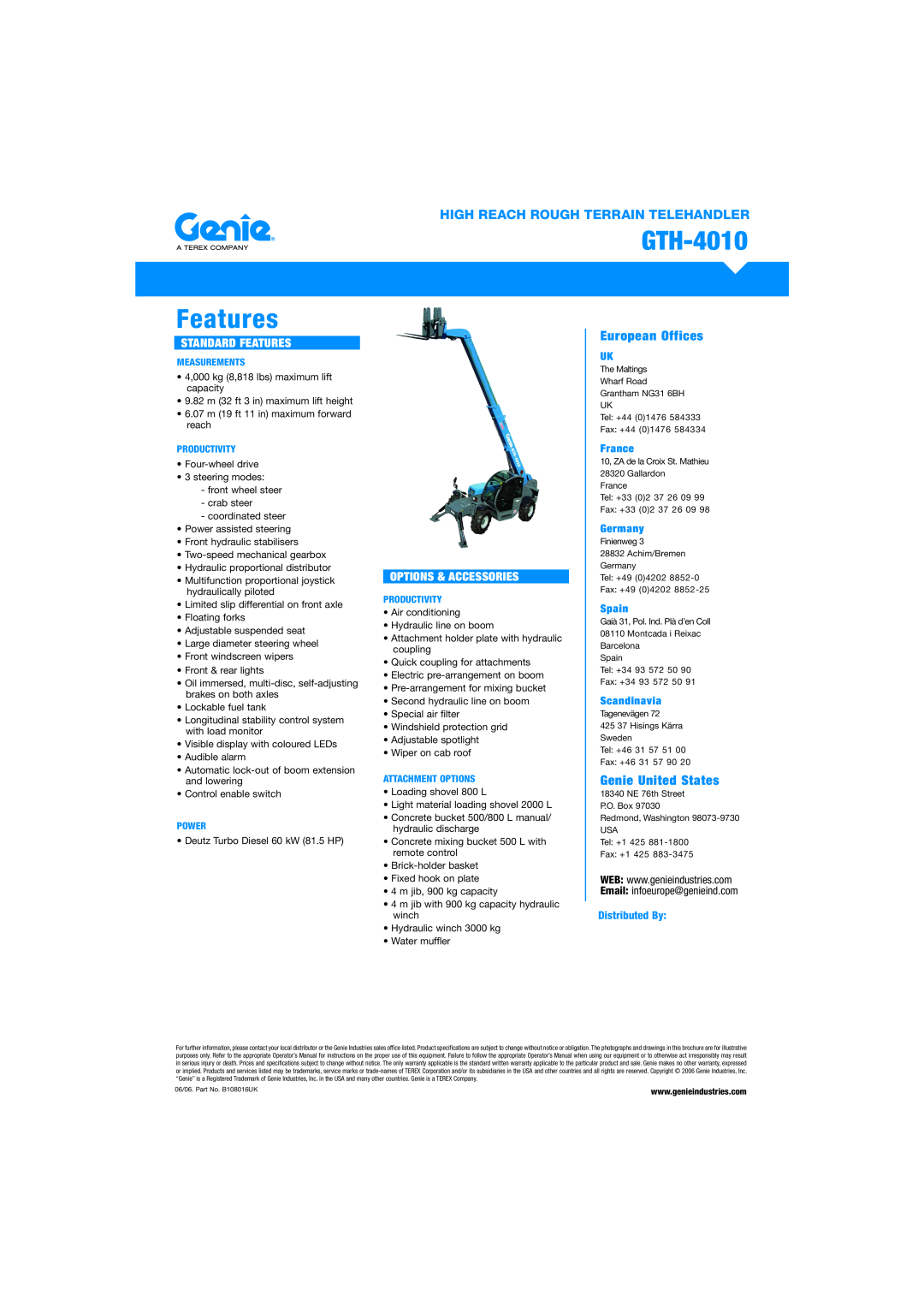 Genie GTH-4010 Standard Features, Options & Accessories, Email infoeurope@genieind.com, European Offices, France 
