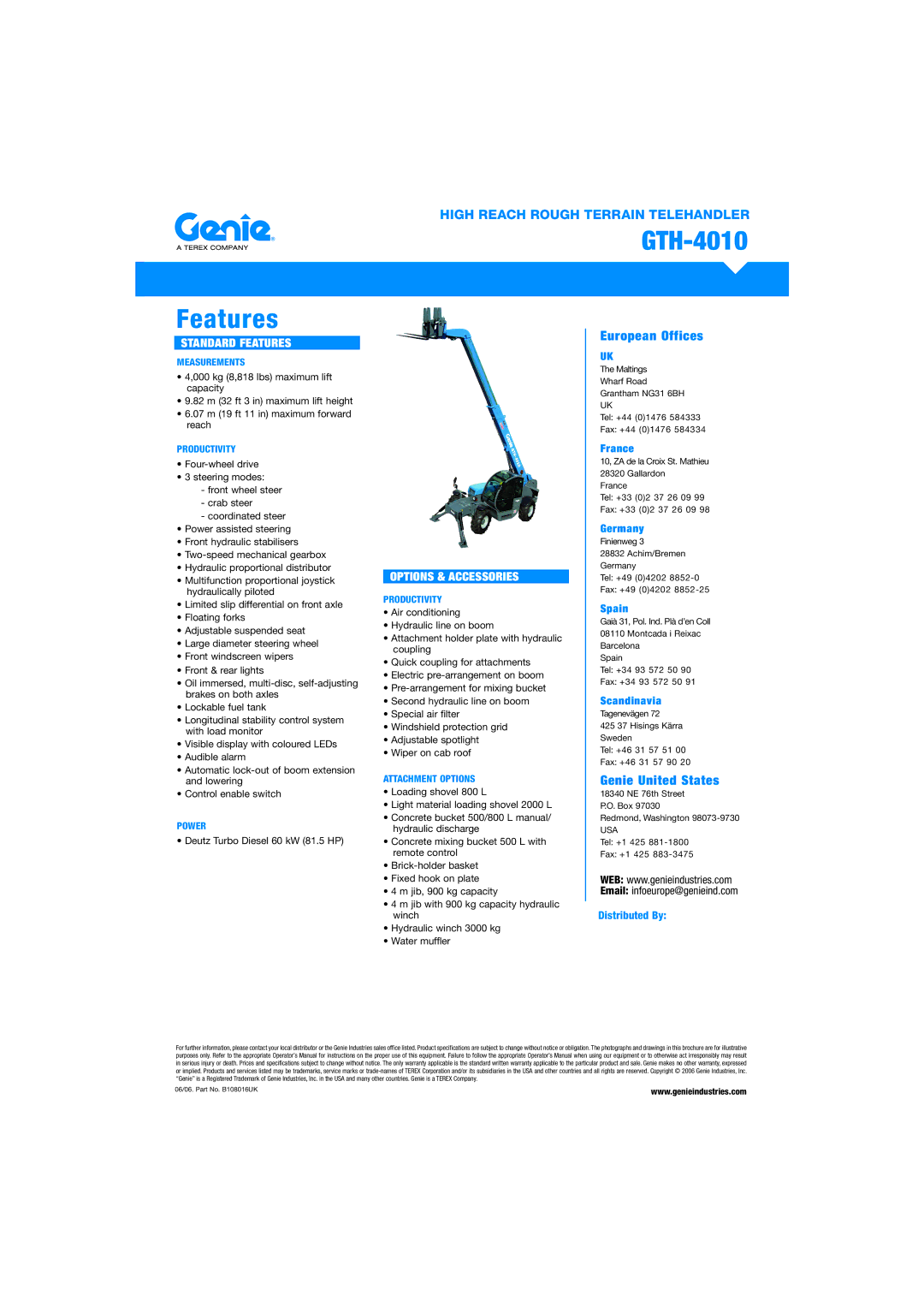 Genie GTH-4010, B108016UK specifications Standard Features, Options & Accessories 