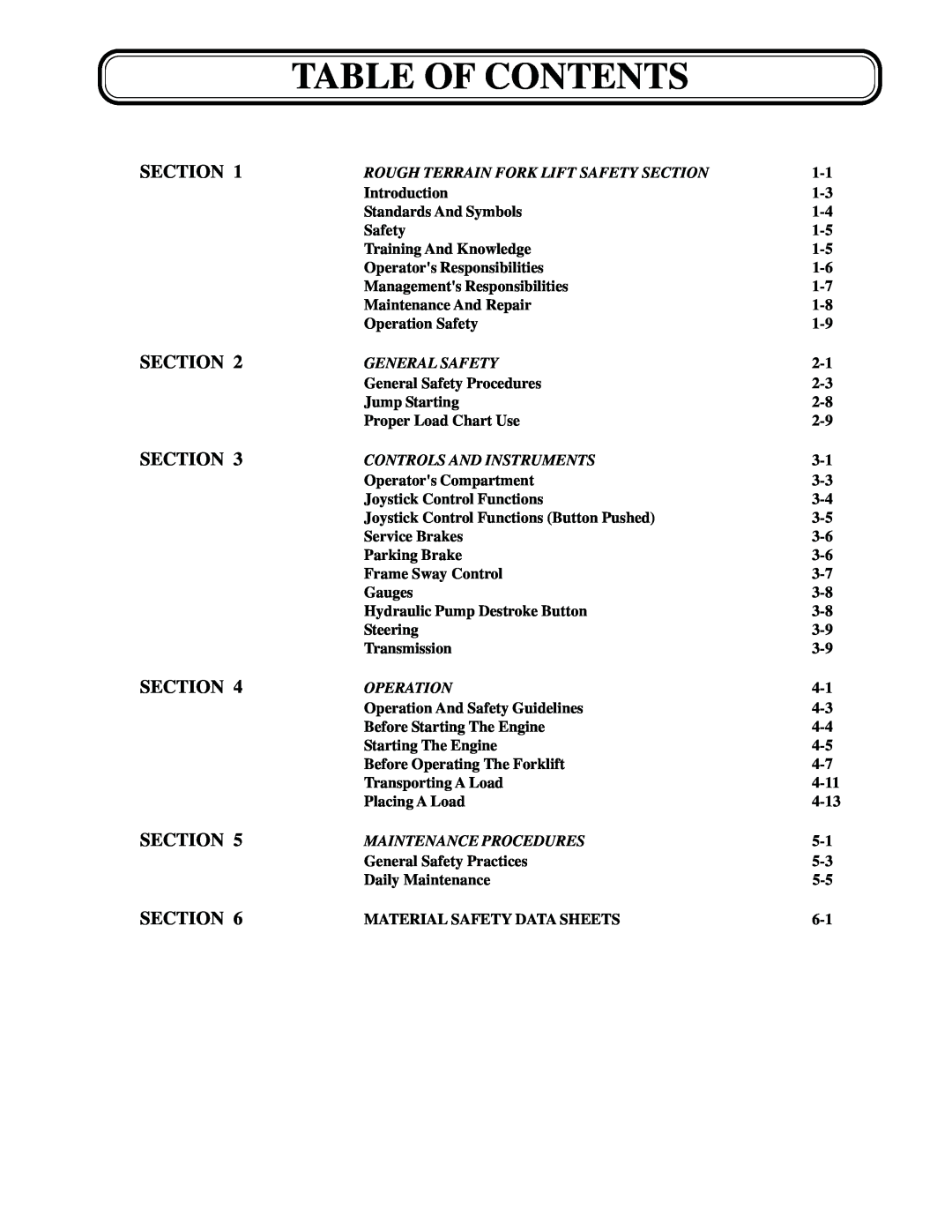 Genie GTH-636 manual Table Of Contents, Section Section Section Section Section Section 