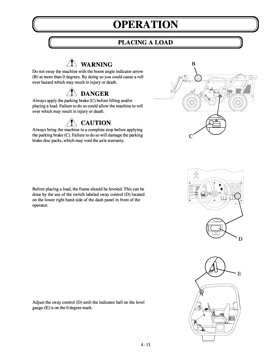 Genie GTH-636 manual Placing A Load Warningb, Operation, Danger 