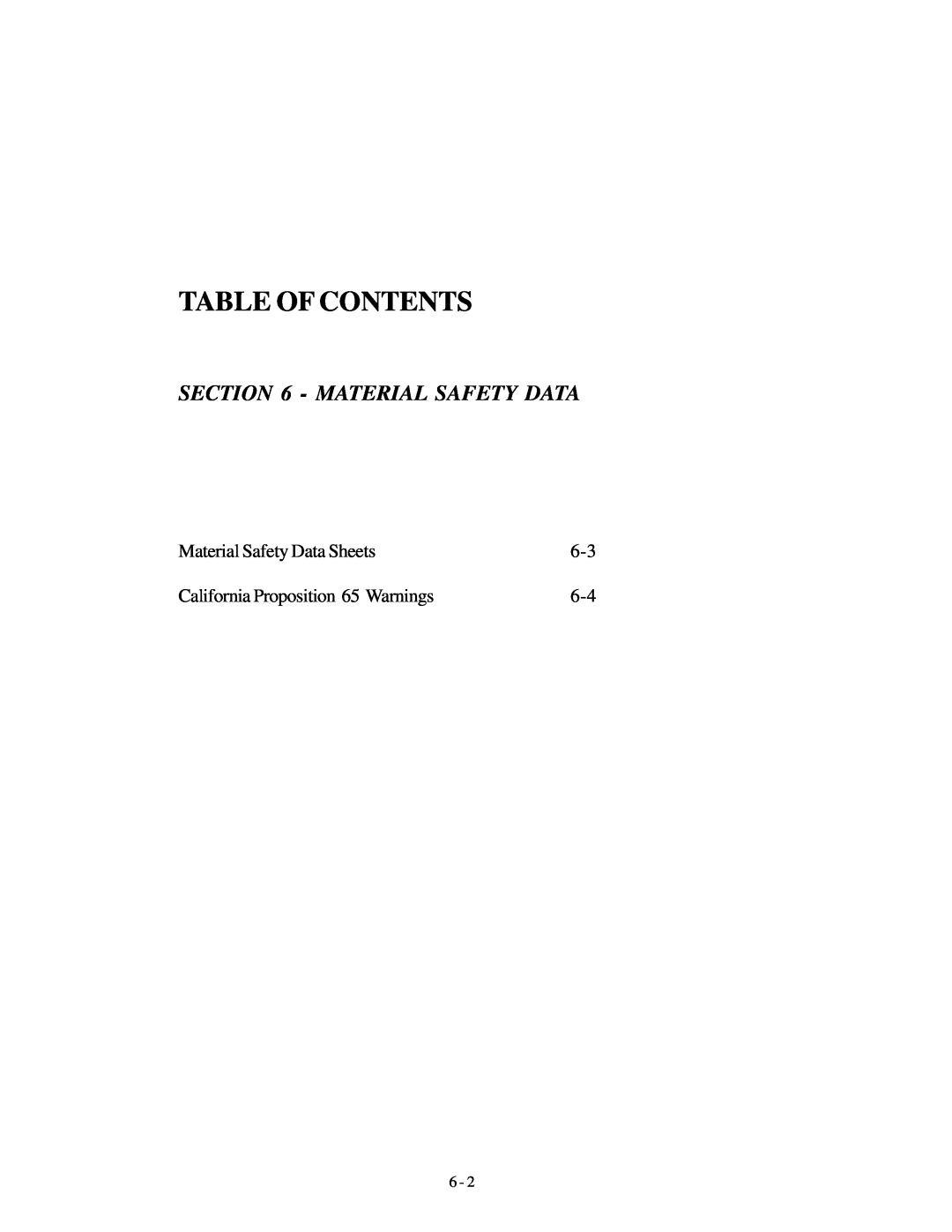 Genie GTH-636 manual Table Of Contents, Material Safety Data Sheets, California Proposition 65 Warnings 