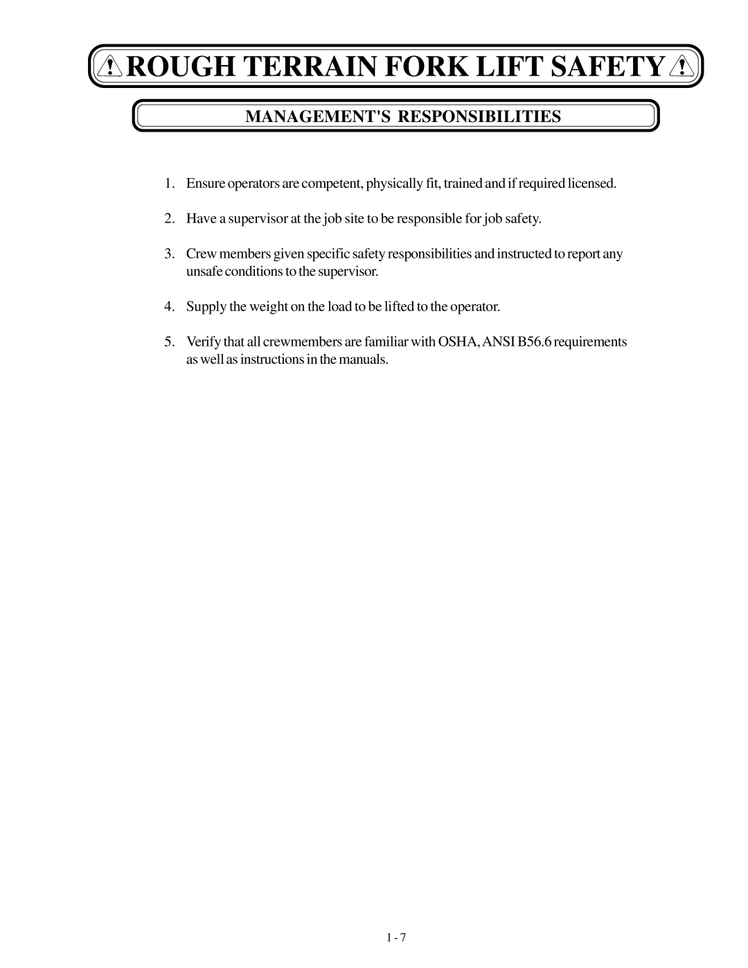 Genie GTH-636 manual Managements Responsibilities 