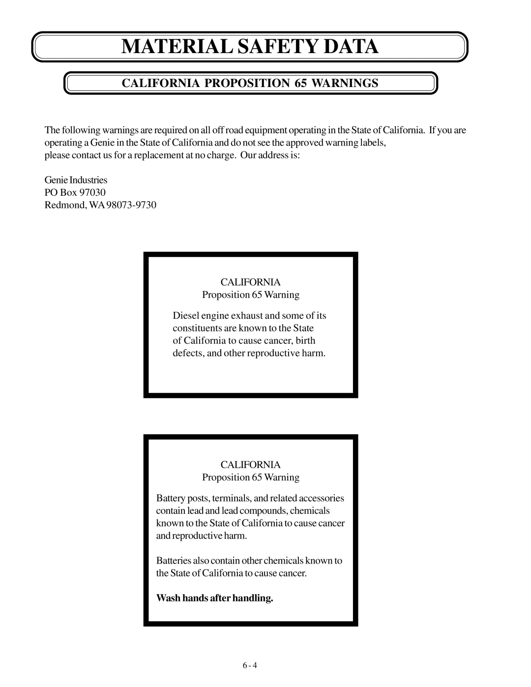 Genie GTH-842, GTH-844, GTH-644 manual California Proposition 65 Warnings 