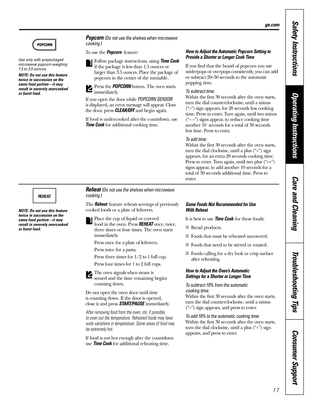 Genie JVM1790 owner manual Troubleshooting Tips Consumer Support, With Reheat 