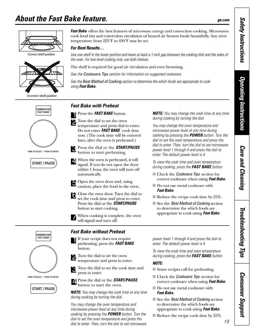 Genie JVM1790 About the Fast Bake feature, Instructions Care and Cleaning Troubleshooting, Fast Bake with Preheat 