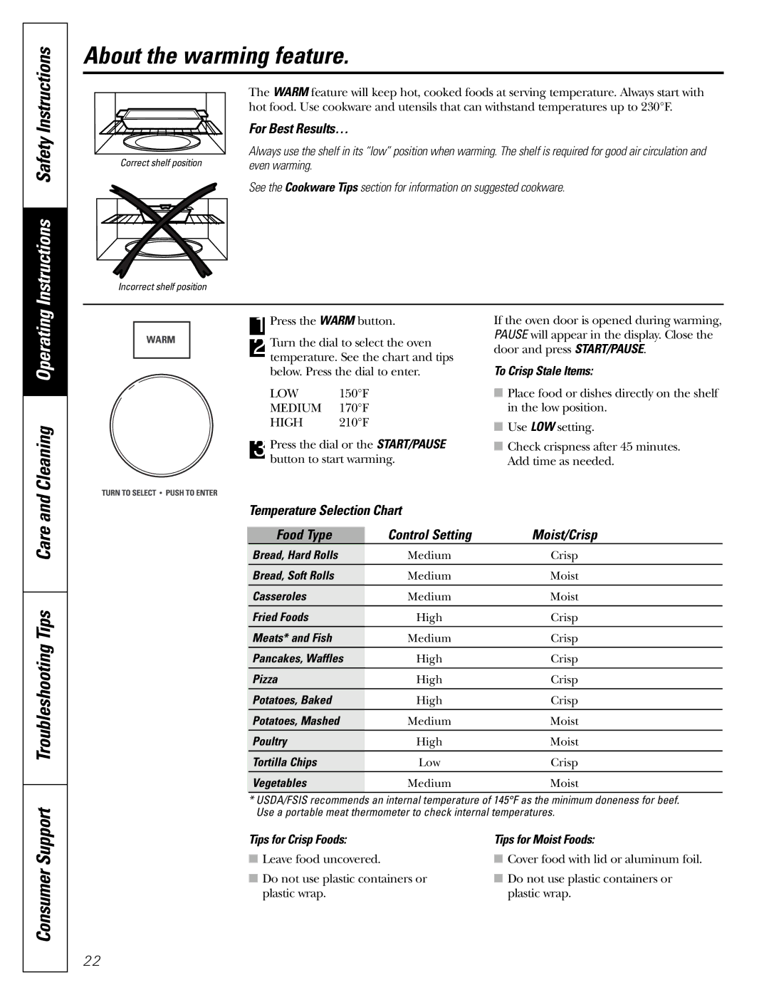 Genie JVM1790 owner manual About the warming feature, Temperature Selection Chart, Food Type 