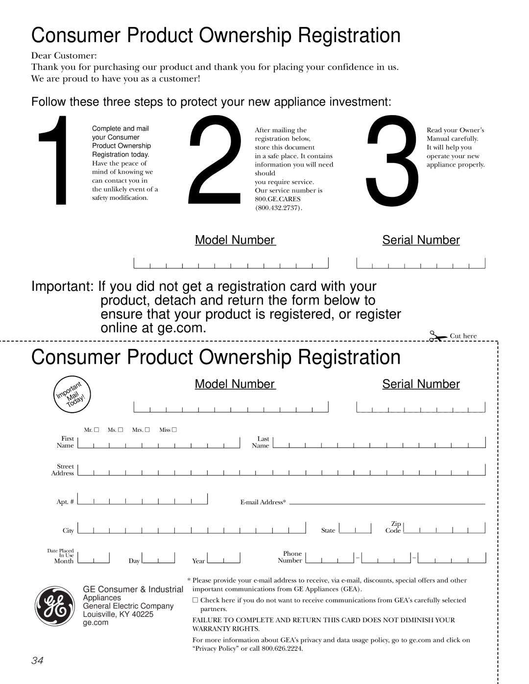 Genie JVM1790 owner manual Consumer Product Ownership Registration 